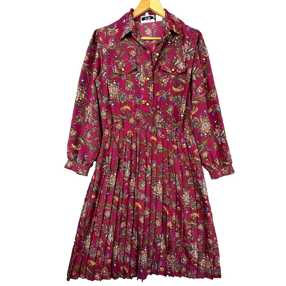 Vintage Andrea Gayle Pleated Secretary Dress Women 10 Red‎ Paisley Maximalist